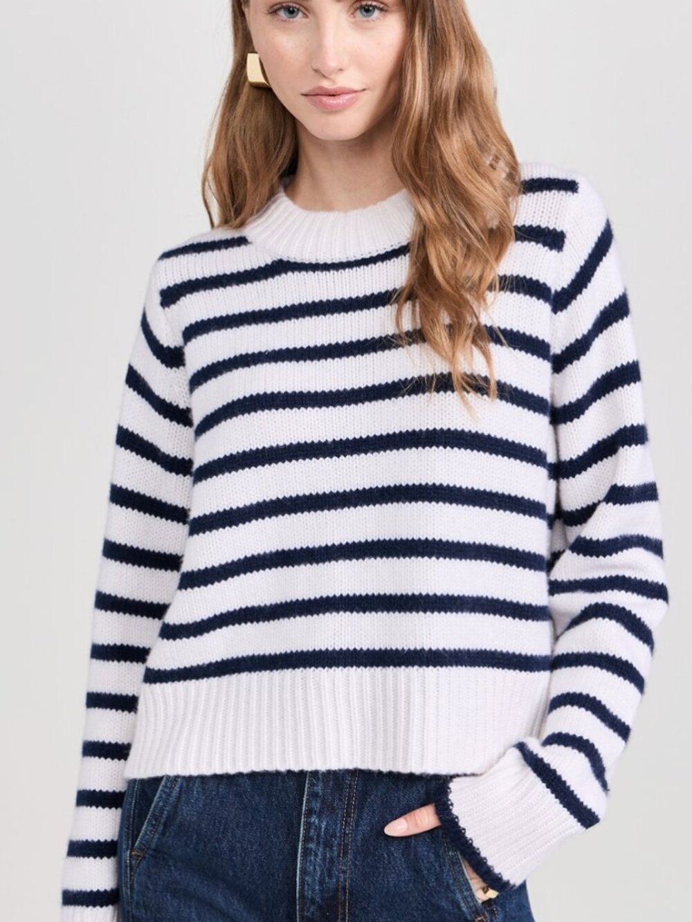 La Ligne Oversized Cropped Marin Sweater Gray Stripe Wool Cashmere Size XL